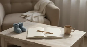 Open blank notebook and pencil beside tiny knitted baby booties on a wooden table in soft morning light