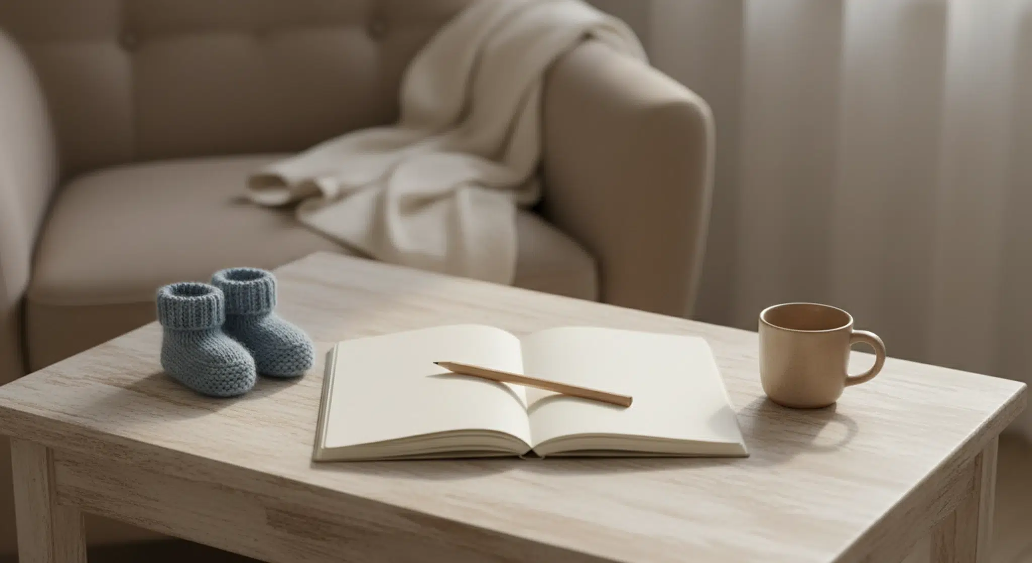 Open blank notebook and pencil beside tiny knitted baby booties on a wooden table in soft morning light