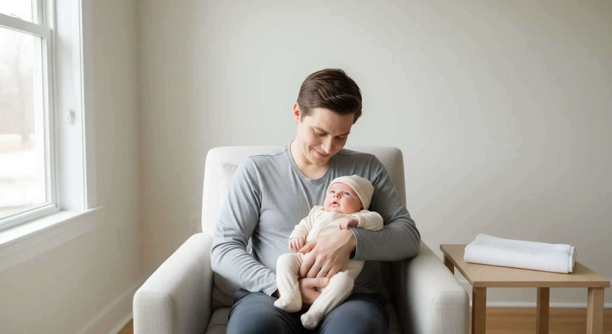 Parent in an armchair cradling an awake, clothed newborn in soft window light