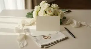 A blank ivory card and envelope with a pen, white roses and eucalyptus, silk ribbon and two plain gold wedding bands on a linen napkin