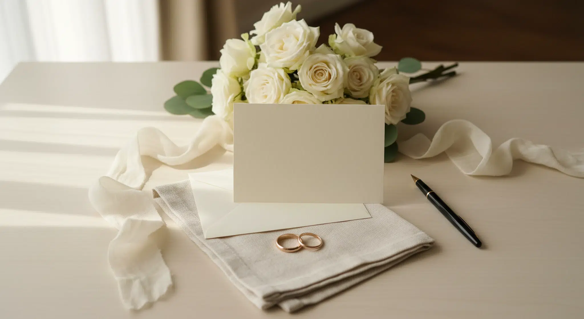 A blank ivory card and envelope with a pen, white roses and eucalyptus, silk ribbon and two plain gold wedding bands on a linen napkin