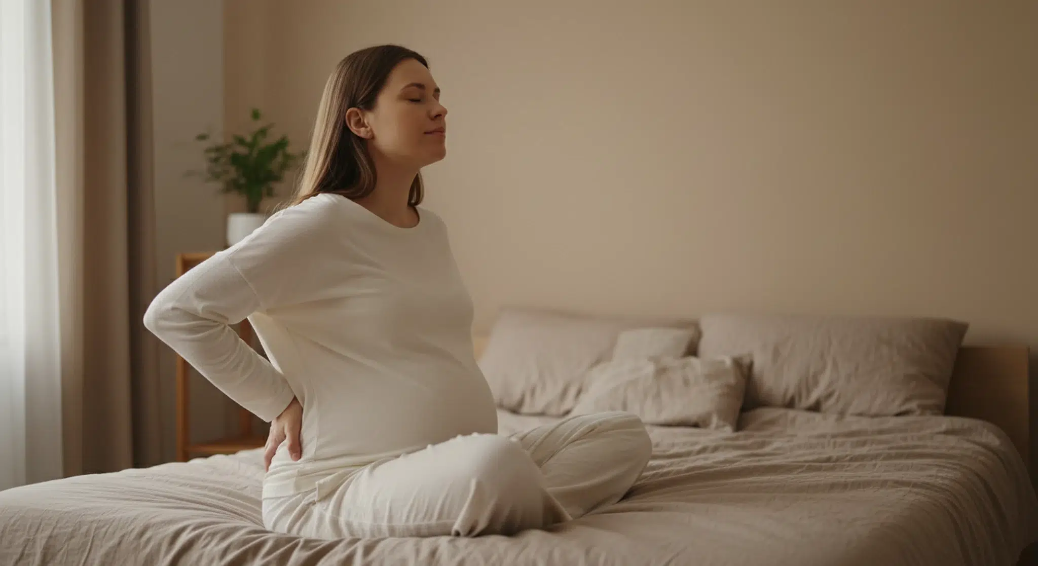 What Do Contractions Feel Like Braxton Hicks Labor Back Labor and How to Time Them | Betteroo Pregnant woman sitting on the edge of a bed with one hand on her belly and one on her lower back, breathing through a contraction