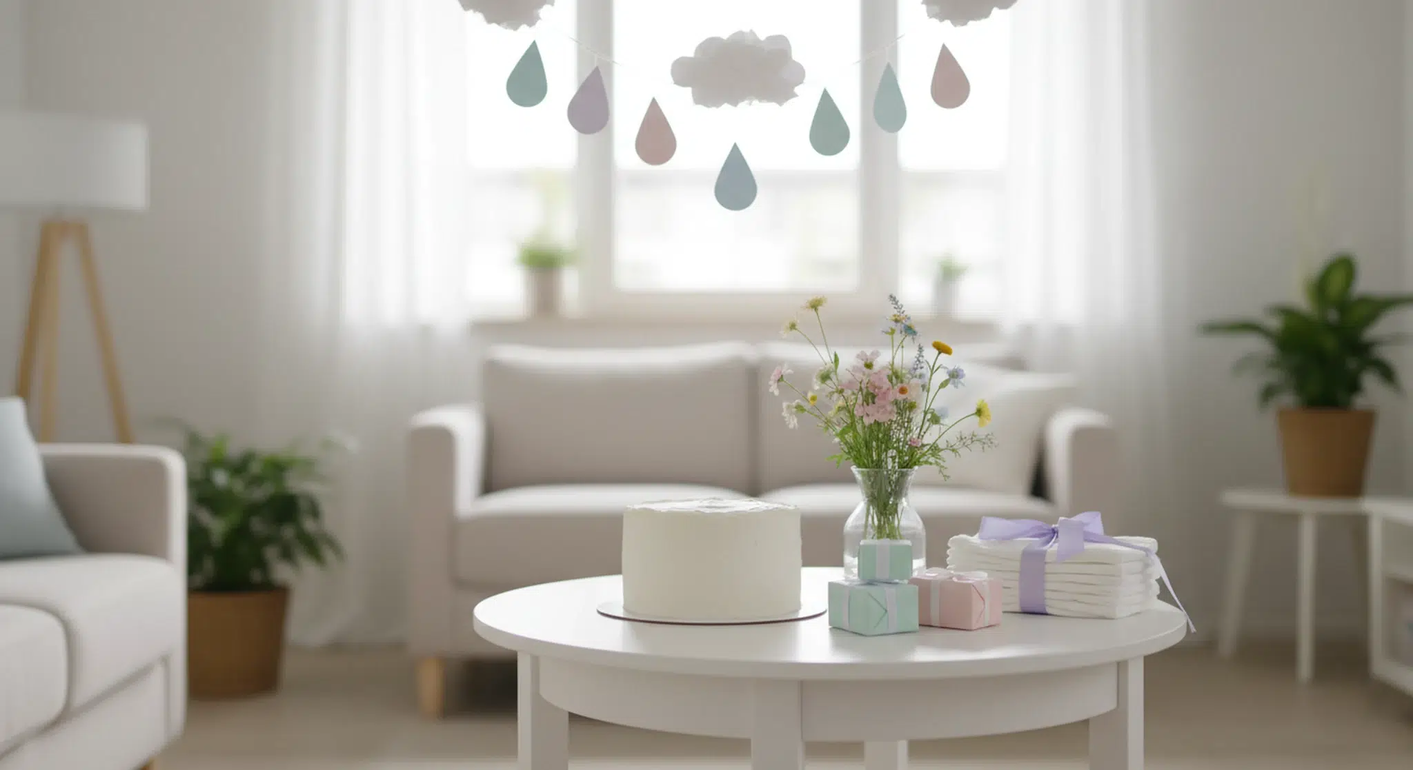 Small baby sprinkle party table with a simple cake, wrapped gifts, a stack of diapers, and paper raindrop decorations