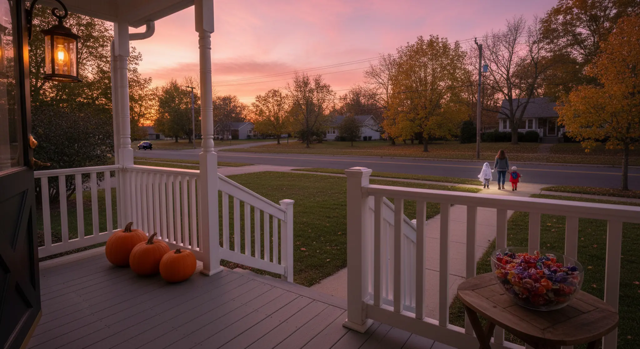 A lit porch with plain pumpkins and a bowl of candy at dusk as two costumed children and an adult walk down the sidewalk in the distance