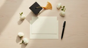 A blank cream card, envelope, pen, small black graduation cap with a gold tassel and white flowers on a light wood table