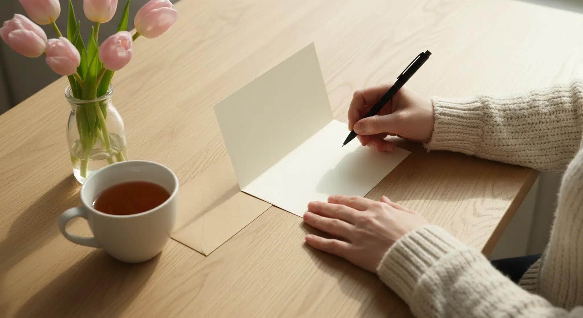 A woman's hands writing in a blank folded card with a pen beside a small vase of pink tulips and a cup of tea