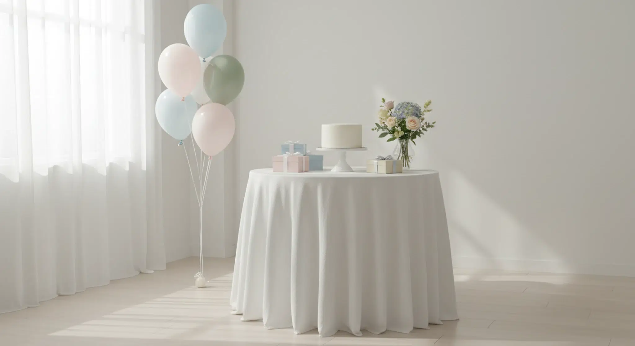 Pastel birthday party table with a small cake on a pedestal, wrapped gifts, balloons, and a bouquet of flowers in soft light.