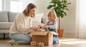 Mother and young daughter playing with wooden blocks inside a bright living room, smiling as they build from an open cardboard box.